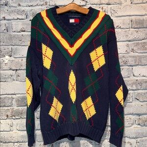Vintage Tommy Hilfiger Navy Argyle V-Neck Sweater